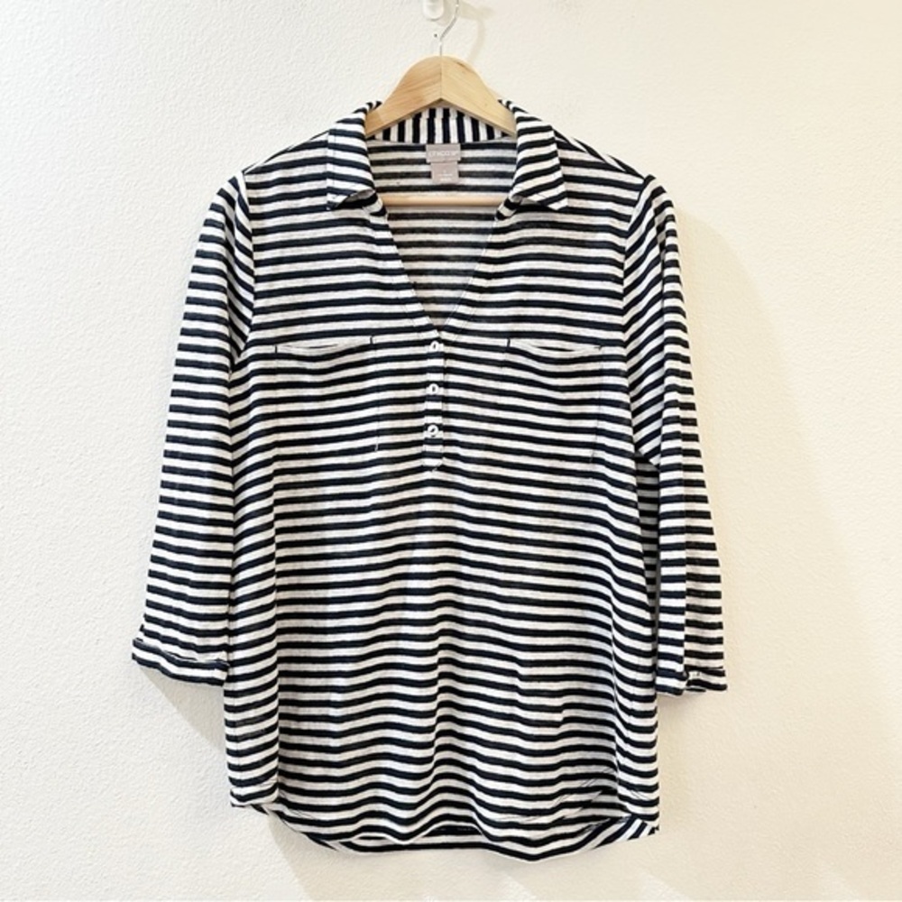 Chico's 100% Linen 3/4‎ Sleeve Stripe V-neck Blouse Size M Classic Navy